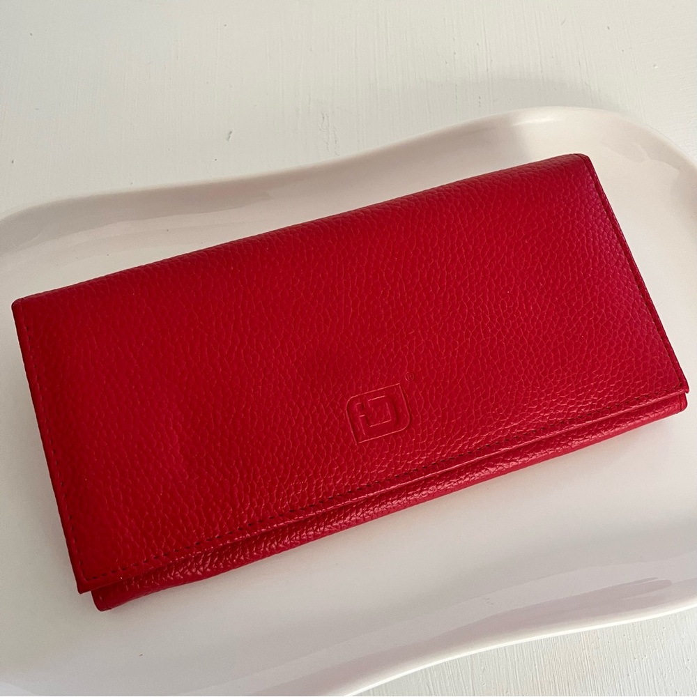 Textured Red Wallet with Snap Closure and Zippered Pockets